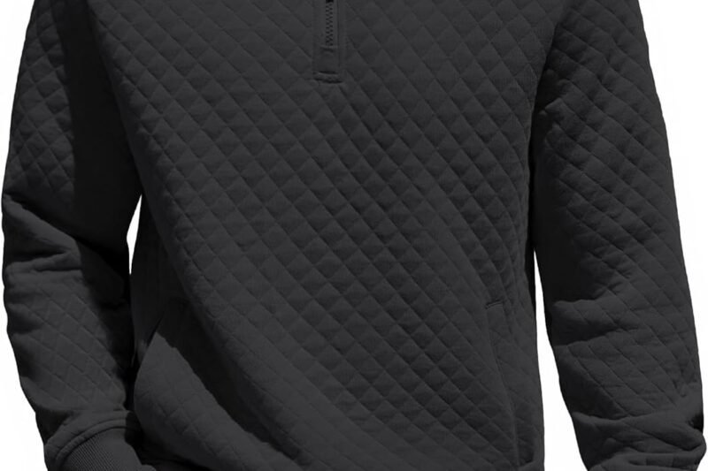 COOFANDY Mens Quarter Zip Pullover Quilted Sweatshirt Knit Long Sleeve Mock Neck Sweater Polo with Pocket